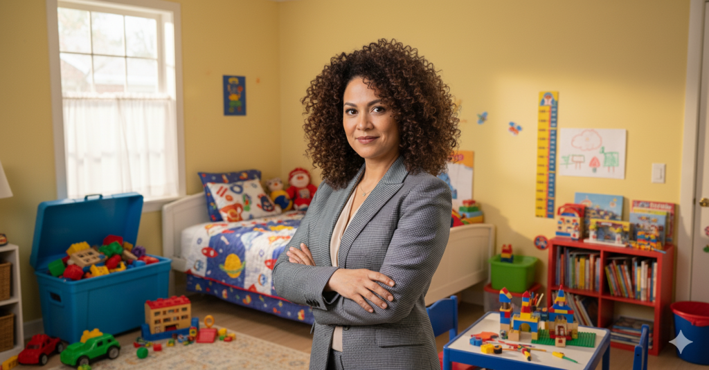 A woman with curly brown hair dressed professionally in a blazer standing in a kid's room full of toys